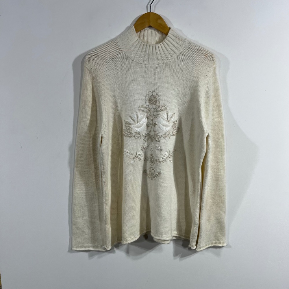 Coldwater Creek Boho Embroidered Bird Floral Rabbit Hair Sweater VTG Womens XL
